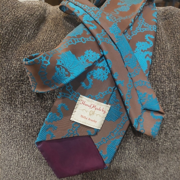 Handmade Tie Teal Chain Brown Jacquard Dragon Classic USA Made Luxury Necktie VG - Picture 5 of 5